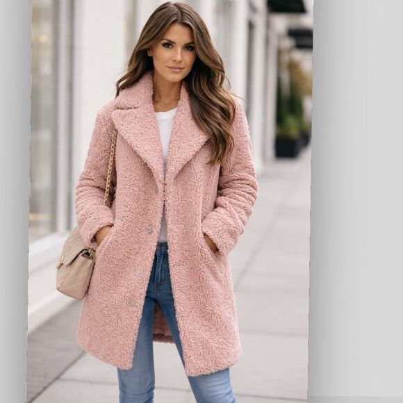 Rachel Parcell Teddy Faux Shearling Coat Outerwear Cozy Pink Size Small Sherpa